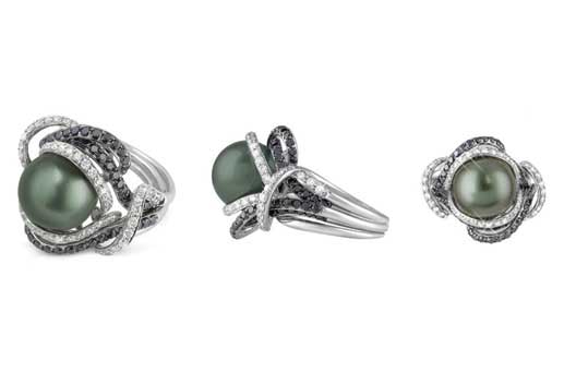 Anel em ouro branco 18k, diamantes e pérola negra